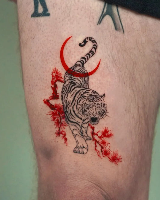 Medium Japanese Tiger Cherry Blossom Moon on Men Thigh Tattoo by @nana.orient