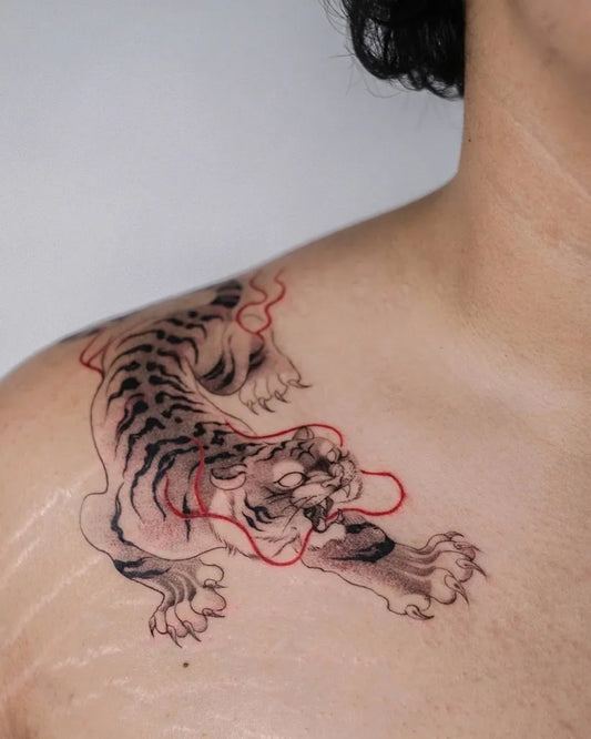 Medium Japanese Tiger on Men Shoulder Tattoo by @powxpow_tat2
