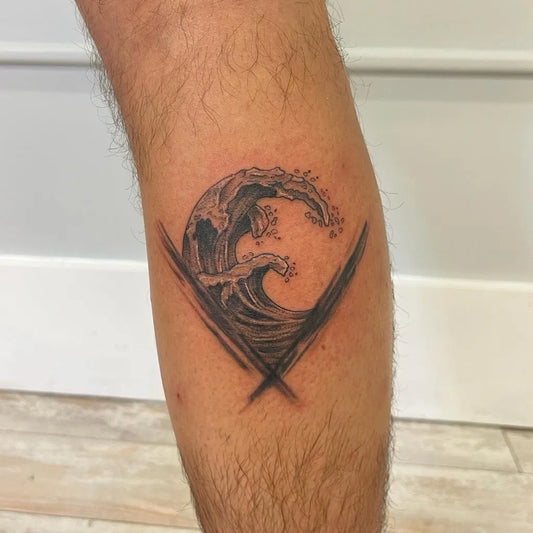 Medium Japanese Wave with Crossed Swords on Men Thigh Tattoo by @mattyspinz