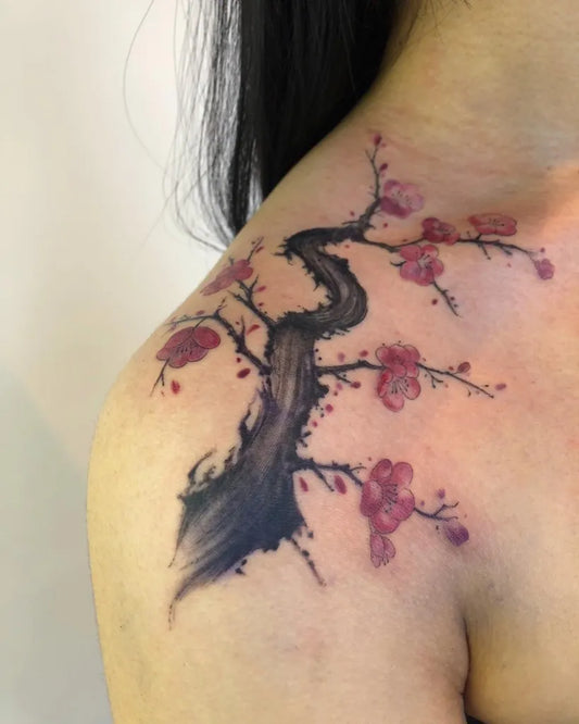 Medium Japanese Wind Bent Tree and Cherry Blossoms Tattoo on Women Collarbone by @louiseflowerbloom