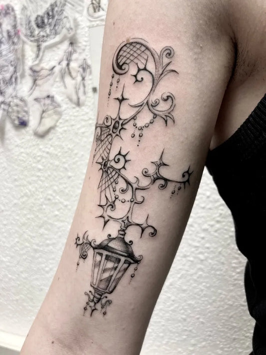 Medium Lantern Cyber Sigilism Lace on Women Arm Tattoo by @giuliafrancesca_