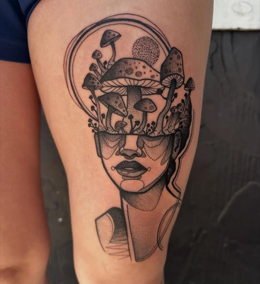 Medium Linework Abstract Mushroom Woman on Thigh Tattoo by @joslingay