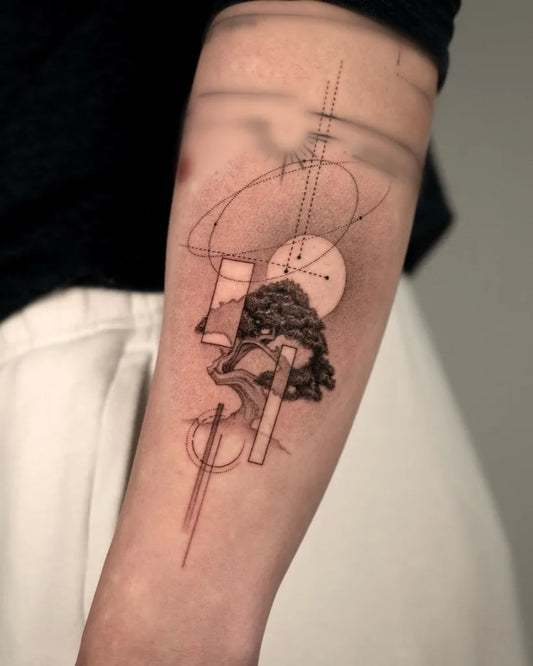 Medium Linework Bonsai Tree with Geometric Elements Tattoo on Women Arm by @graycodetattoo