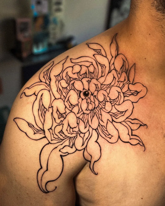 Medium Linework Chrysanthemum Black Tattoo on Men Shoulder by @wedbecutetattooed