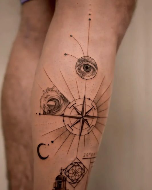 Medium Linework Compass Eye Lighthouse on Men Leg Tattoo by @vanngucci.cncpts