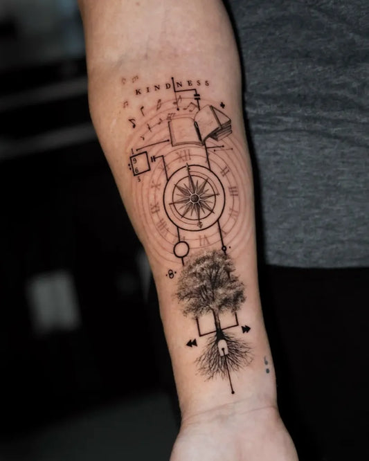 Medium Linework Compass Tree on Women Arm Tattoo by @gayitattoo