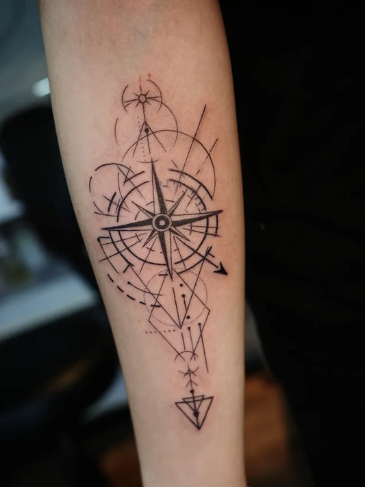 Medium Linework Compass with Geometric Elements on Women Arm Tattoo by @rui_tattooartist