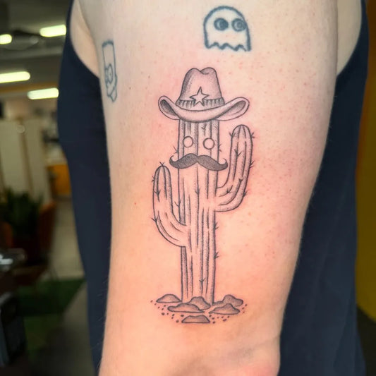 Medium Linework Cowboy Cactus Ghost on Men Arm Tattoo by @velez.inked