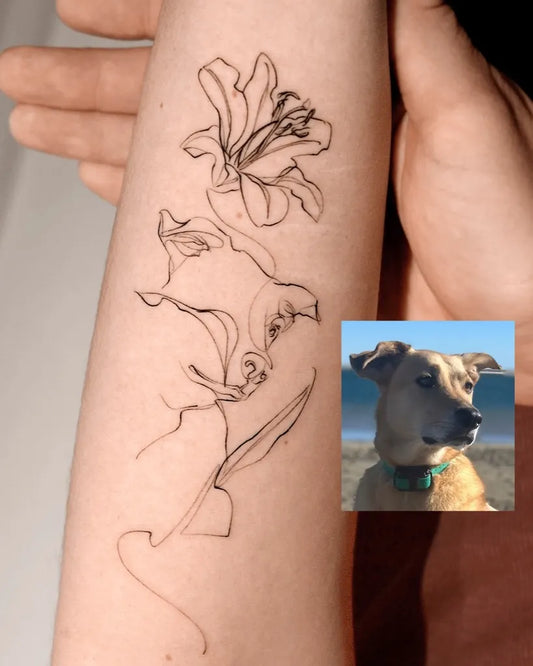 Medium Linework Dog and Lily Tattoo on Women Arm by @pauline.son