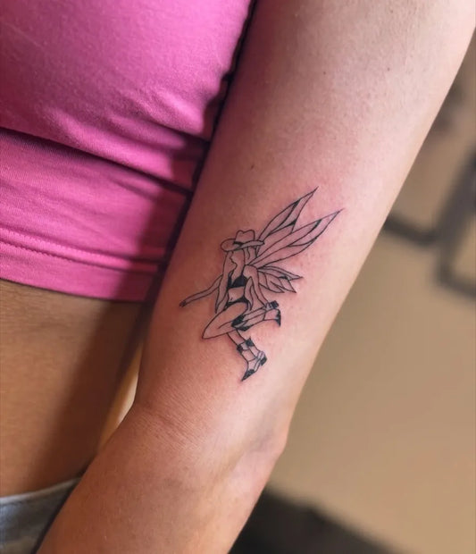 Medium Linework Fairy on Women Arm Tattoo by @inked_byjaz_
