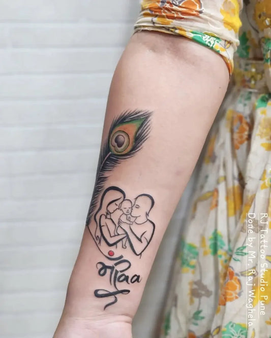 Medium Linework Feather Family Portrait Tattoo on Women Forearm by @rjtattoosindia
