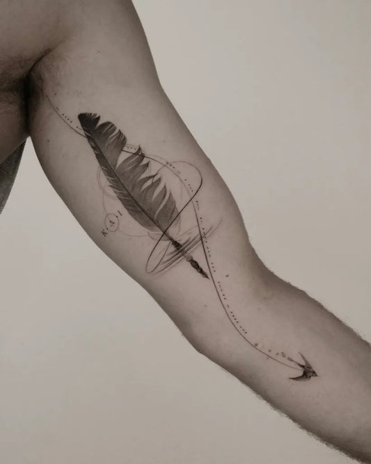 Medium Linework Feather and Bird Tattoo on Men Arm by @paradyme.ttt