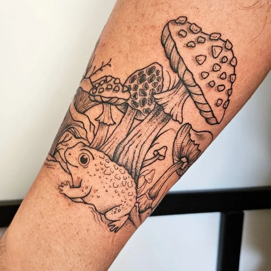 Medium Linework Frog and Mushrooms on Men Arm Tattoo by @my_kawaii_romance