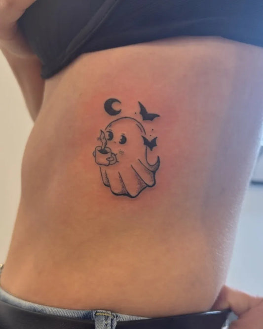 Medium Linework Ghost with Moon and Bats on Women Rib Tattoo by @inked_byjaz_