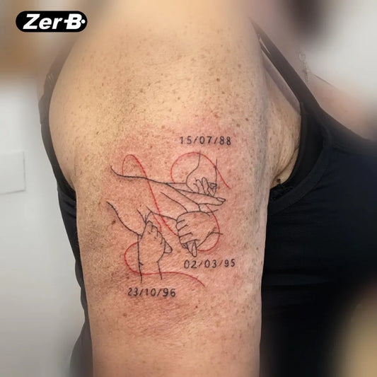 Medium Linework Hands and Dates Family Tattoo on Women Upper Arm by @zerbi_tattoo