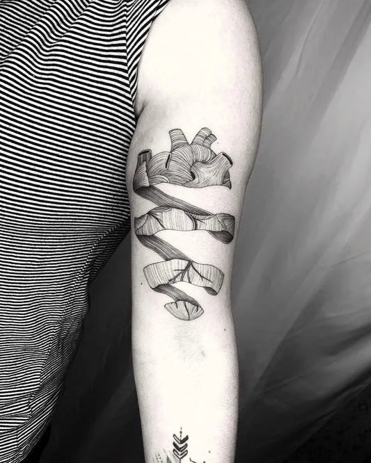 Medium Linework Heart and Scroll on Women Arm Tattoo by @hood.seven.guests
