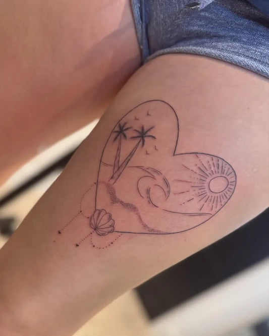 Medium Linework Heart with Palm Trees Sun and Wave on Women Thigh Tattoo by @inked_byjaz_