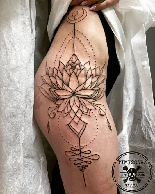 Medium Linework Lotus Flower Mandala on Women Thigh Tattoo by @timisoara.tattoo