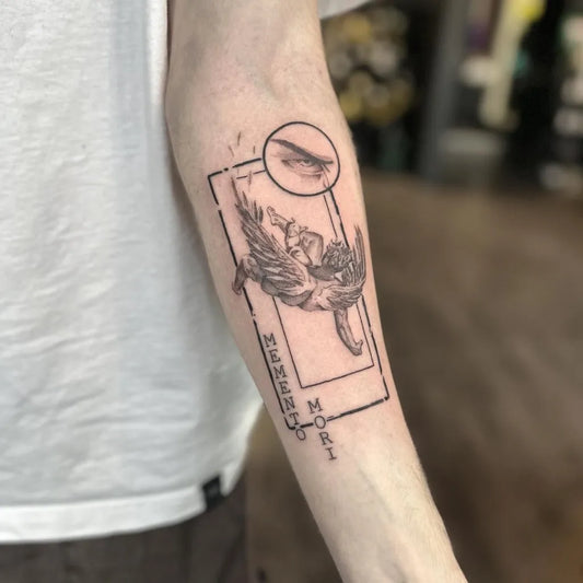Medium Linework Memento Mori Angel on Men Arm Tattoo by @rheakimtattoo