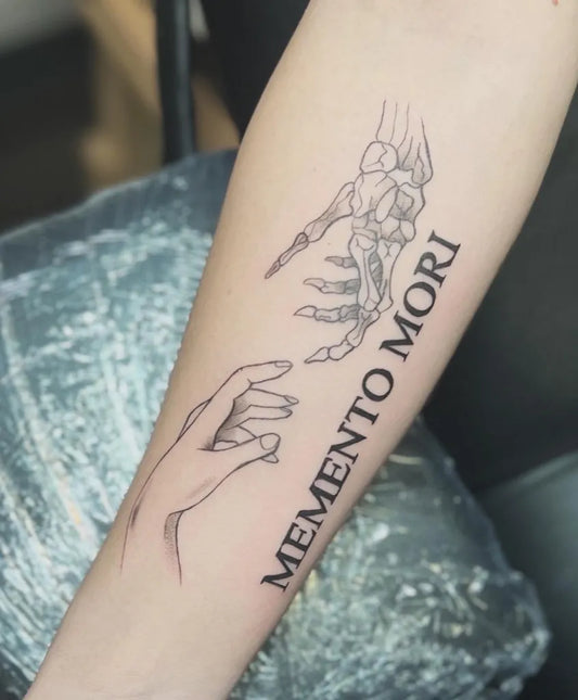 Medium Linework Memento Mori Skeleton Hands on Women Arm Tattoo by @linainker