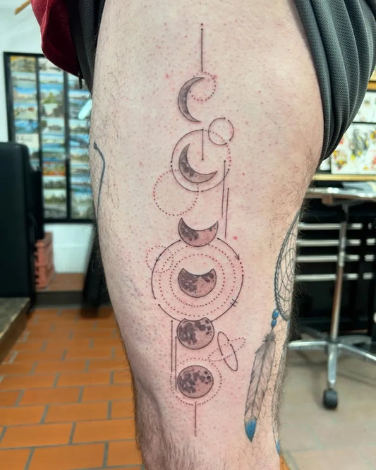 Medium Linework Moon Phases Dreamcatcher Tattoo on Men Thigh by @redgrizzly123