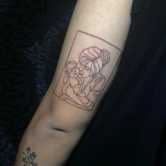Medium Linework Mother Holding Baby on Women Arm Tattoo by @boncu_lumina_tattoo