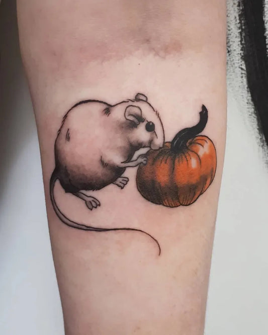 Medium Linework Mouse with Pumpkin on Women Arm Tattoo by @kaylin.andersen.art