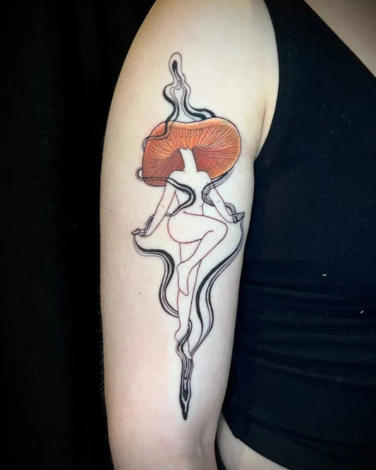 Medium Linework Mushroom Woman on Arm Tattoo by @patakota_