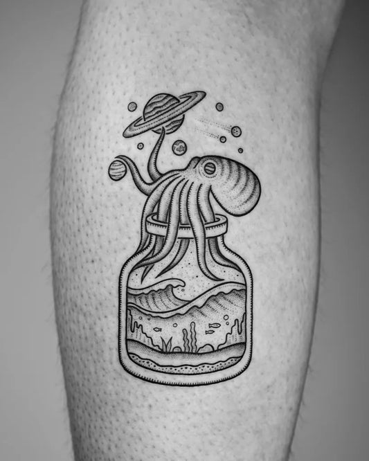 Medium Linework Octopus in Jar with Waves and Planets Tattoo on Men Leg by @mike_stout_tattoo