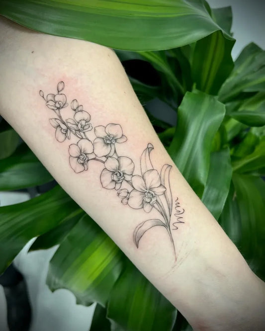 Medium Linework Orchid Flower Tattoo on Women Arm by @winniec_tattoos