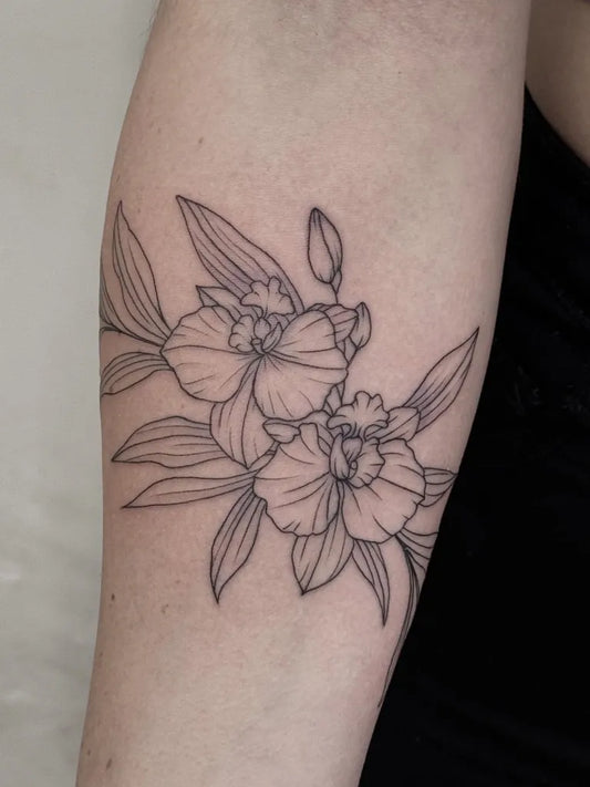 Medium Linework Orchid Flowers Tattoo on Women Arm by @kria_porto