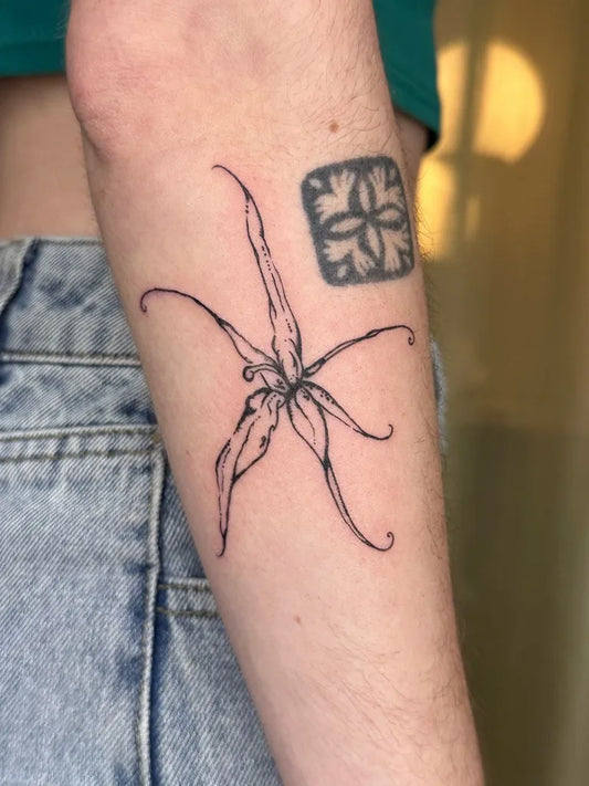Medium Linework Orchid and Geometric Tattoo on Women Arm by @habitats._