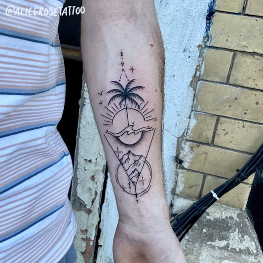 Medium Linework Palm Tree Waves Mountains Tattoo on Men Arm by @alicerosetattoo