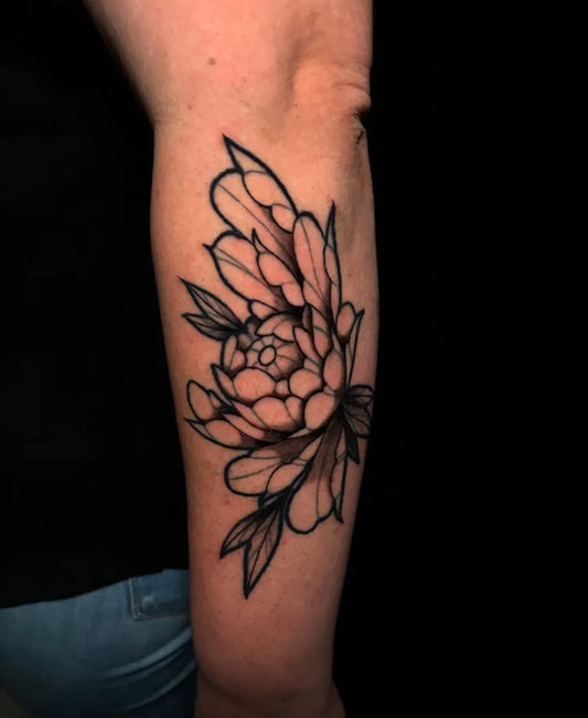 Medium Linework Peony Flower on Women Arm Tattoo by @art.by.tayza