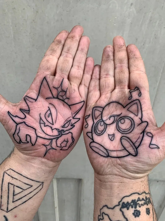 Medium Linework Pikachu and Jigglypuff Tattoo on Men Hands by @lukeaashley