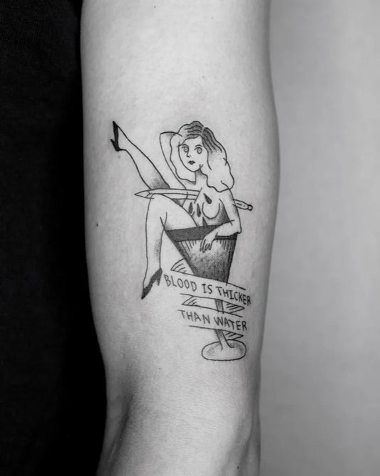 Medium Linework Pin Up Girl with Martini Glass Tattoo on Women Arm by @haskey_c
