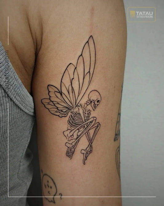 Medium Linework Skeleton Fairy Tattoo on Women Arm by @tatautattoomumbai