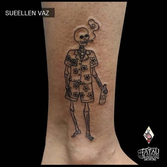 Medium Linework Skeleton in Hawaiian Shirt Holding Drink Tattoo on Men Leg by @tatautattoomumbai