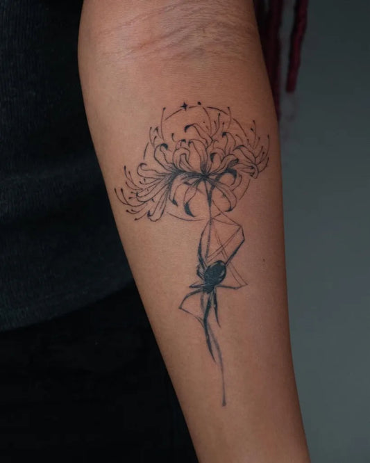 Medium Linework Spider Lily black and web Tattoo on Women Arm by @wasabi.cjtattoo