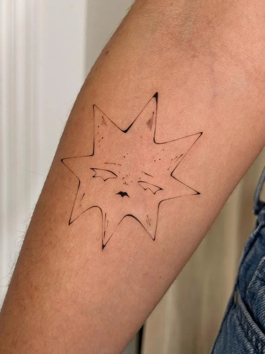 Medium Linework Star Face Tattoo on Women Arm by @nebbercracker.ttt