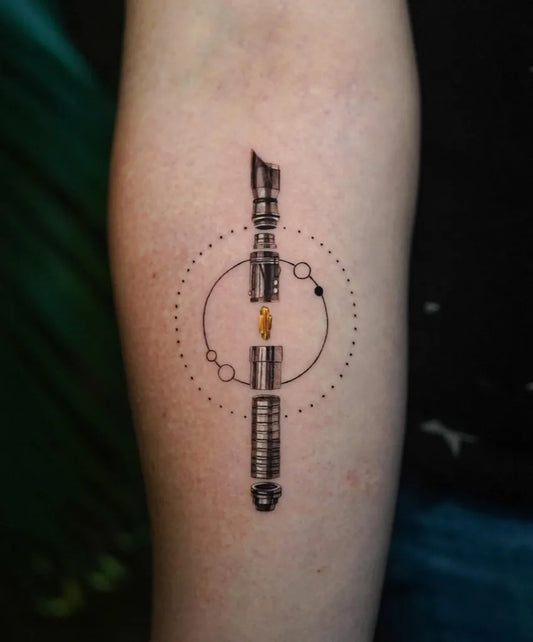 Medium Linework Star Wars Lightsaber Tattoo on Men Forearm by @saintmichaeltattoo