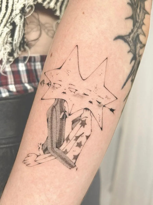 Medium Linework StarChild Tattoo on Women Arm by @nebbercracker.ttt