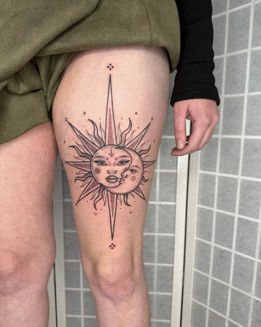 Medium Linework Sun and Moon and Compass on Women Thigh Tattoo by @mollypaigetattoos