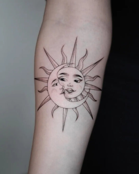 Medium Linework Sun and Moon on Women Arm Tattoo by @soul_imagez_tattoo