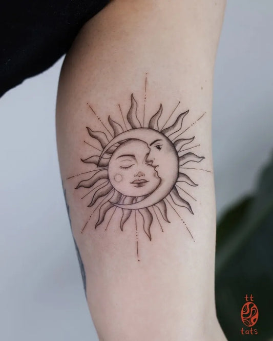 Medium Linework Sun and Moon on Women Arm Tattoo by @tt.tats