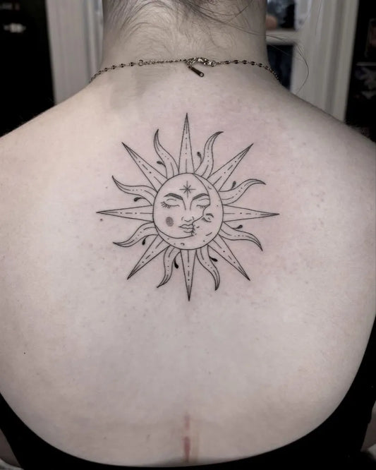 Medium Linework Sun and Moon on Women Back Tattoo by @blackhope.tattoos