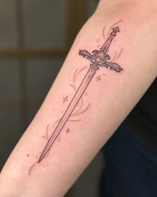 Medium Linework Sword with Vines and Stars on Women Arm Tattoo by @heidikayetattoo