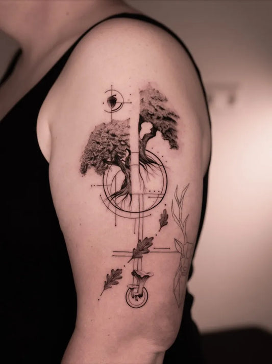Medium Linework Tree and Geometric Tattoo on Women Shoulder by @philled_skin