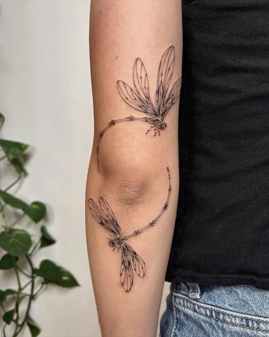 Medium Linework Two Dragonflies on Women Arm Tattoo by @laikintattooss