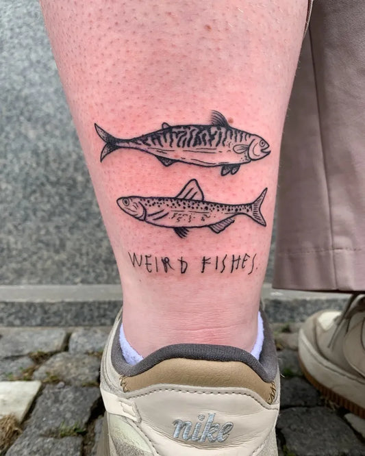 Medium Linework Two Fish Tattoo on Women Leg by @trashpoking_
